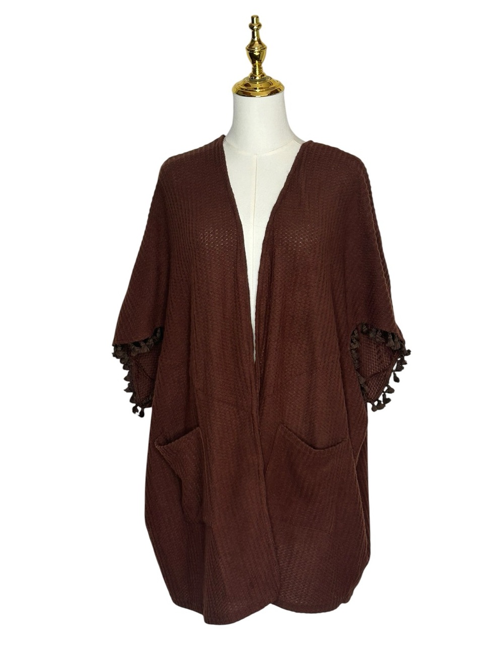 JODIFL Steph Brown Boho Open-Front Knit Cardigan Tassel Trim NWT Fall Layering
